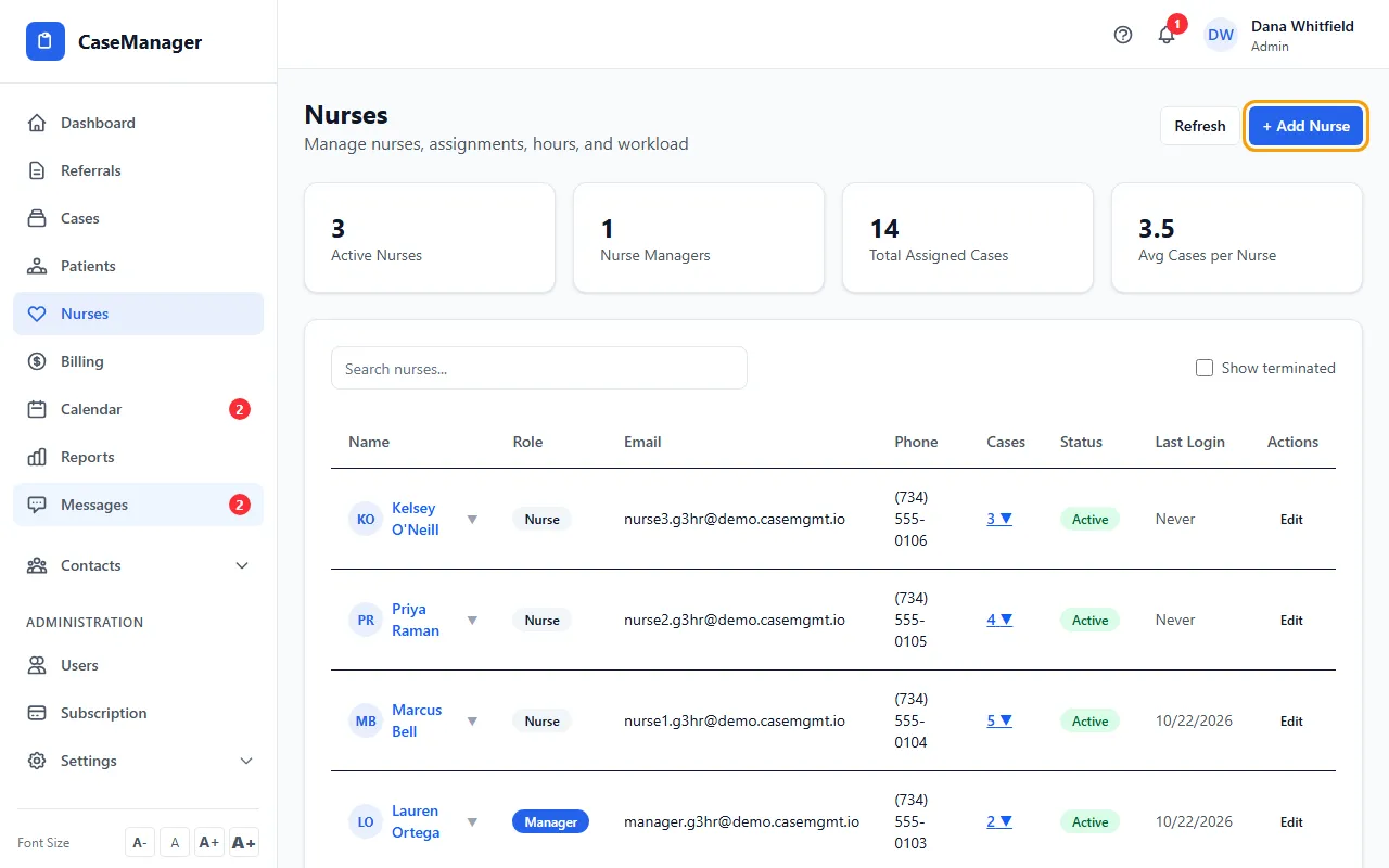 Step 1: Open Nurses and click + Add Nurse.