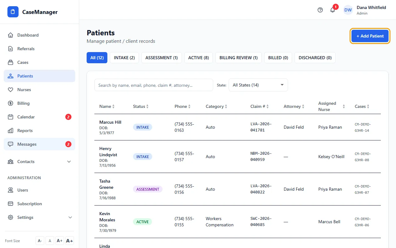 Step 1: Open Patients and click + Add Patient. The New Patient / Client Intake form opens at the top of the page.