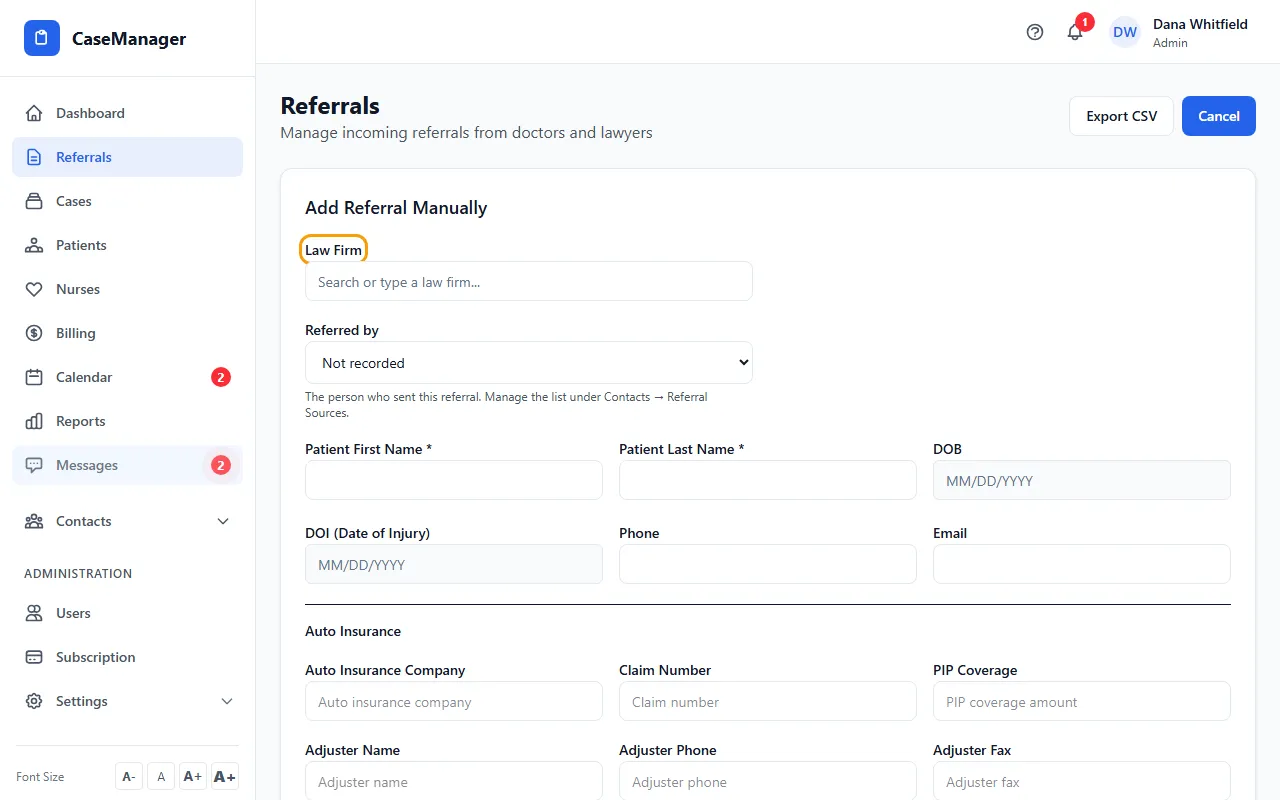 Step 1: Open Referrals and click + New Referral. The Add Referral Manually form opens.