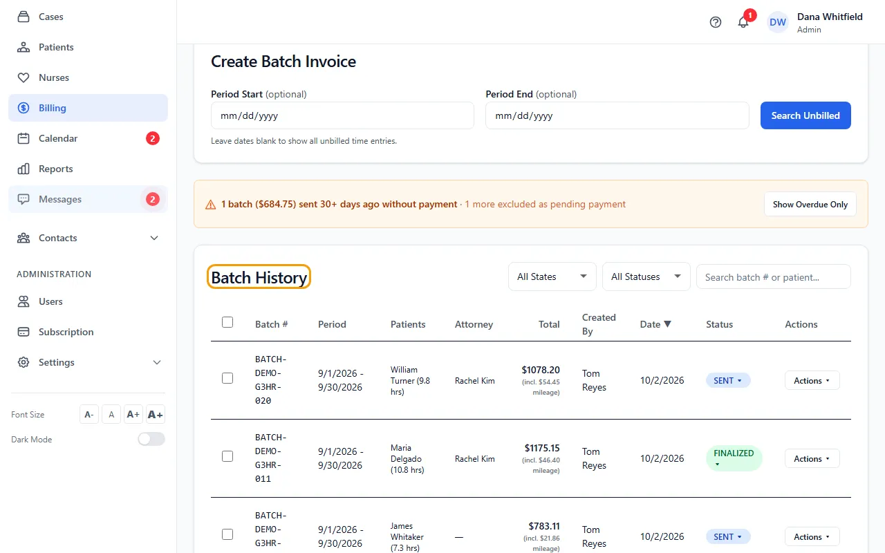 Step 1: Open Billing, click Batch Invoicing, and find the batch in Batch History. Search by batch number or patient, or filter by state or status.