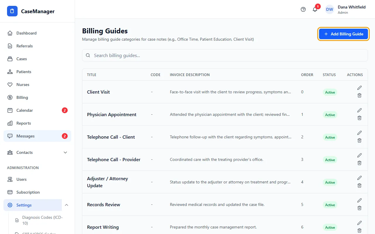 Step 1: Go to Administration > Settings > Billing Guides.
