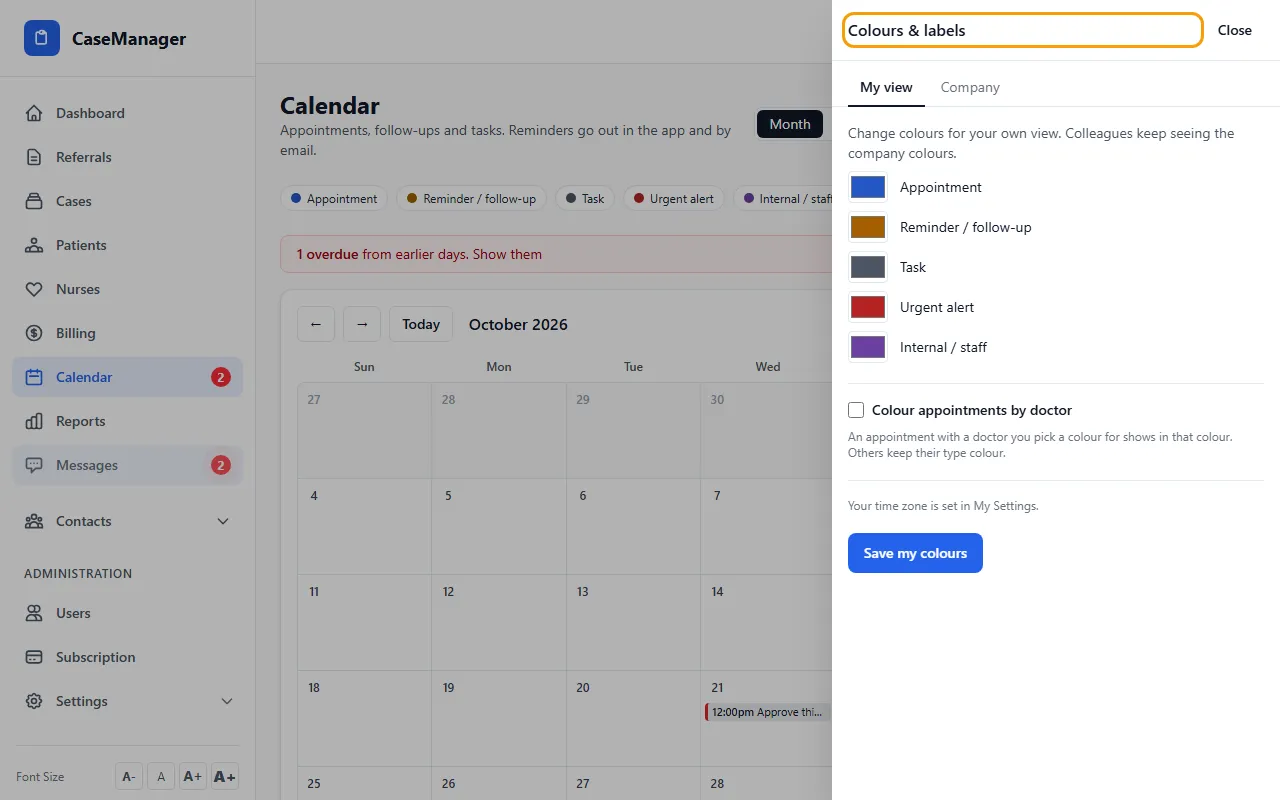 Step 1: Open Calendar and click Colours. The Colours & labels panel opens.