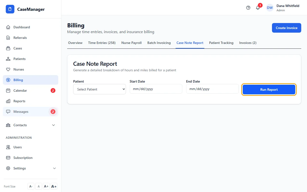 Step 1: Open Billing and click Case Note Report.