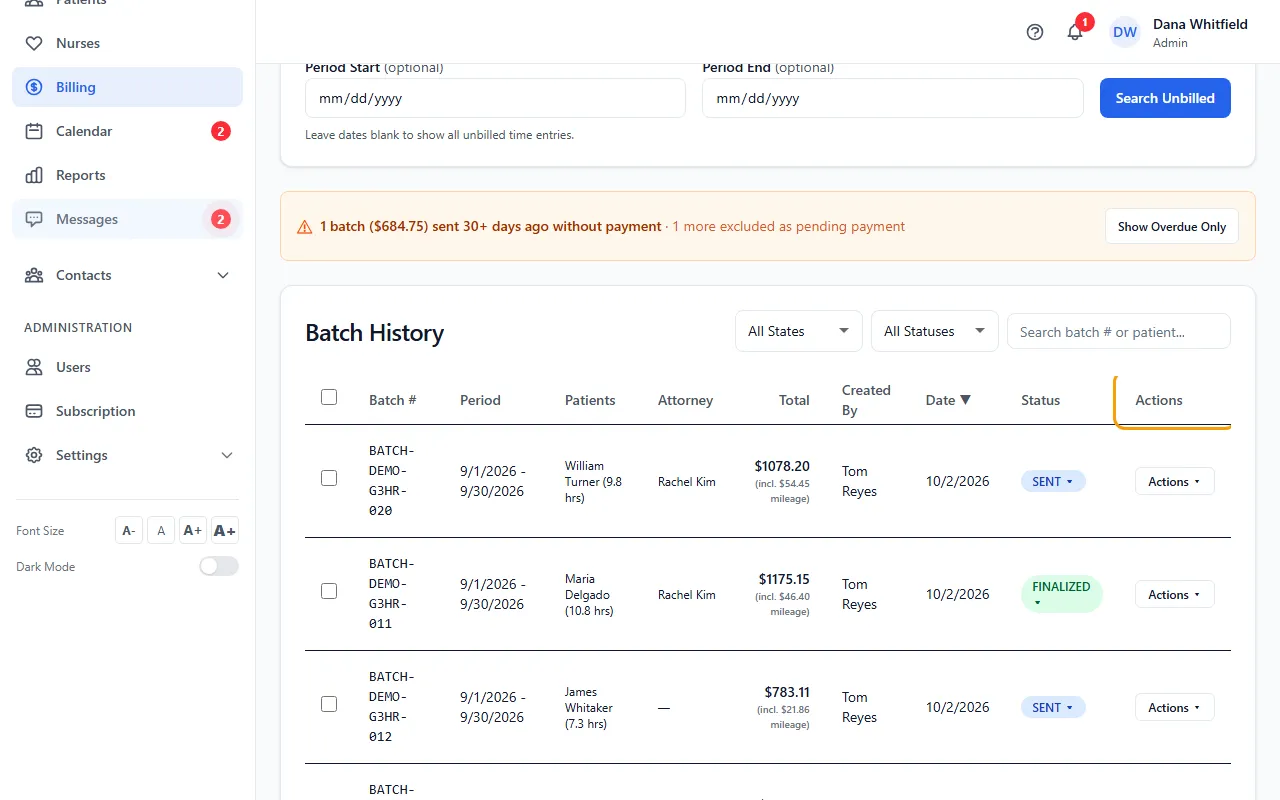 Step 1: On Billing > Batch Invoicing, click Actions on the batch and choose CMS-1500 Editor (on a batch with several patients, choose the patient's CMS-1500 item). The editor opens in a new browser tab.