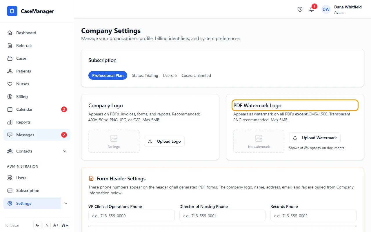 Step 1: Go to Administration > Settings. The Company Logo and PDF Watermark Logo cards are near the top.
