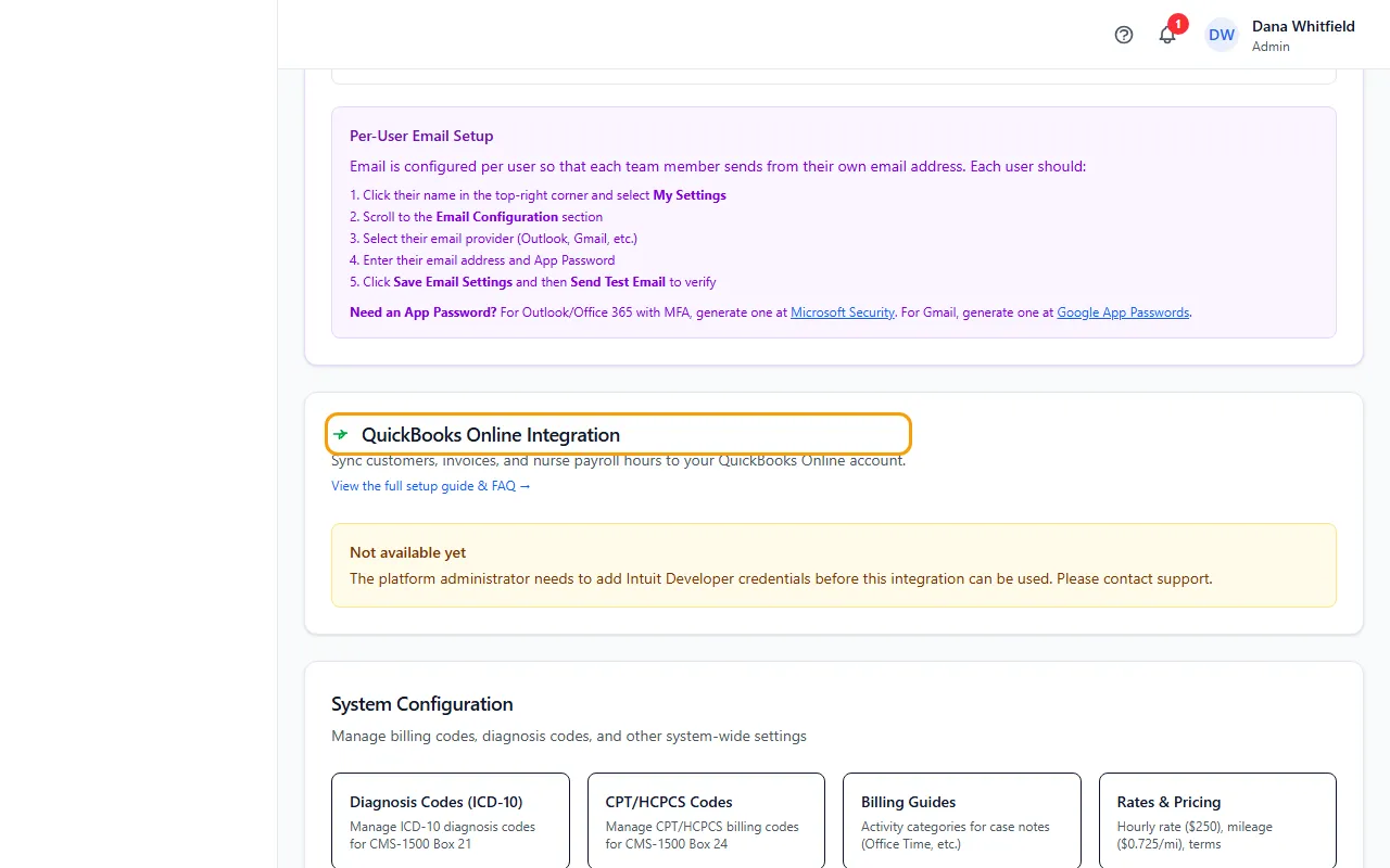 Step 1: Go to Administration > Settings and find QuickBooks Online Integration. View the full setup guide & FAQ opens the complete guide.