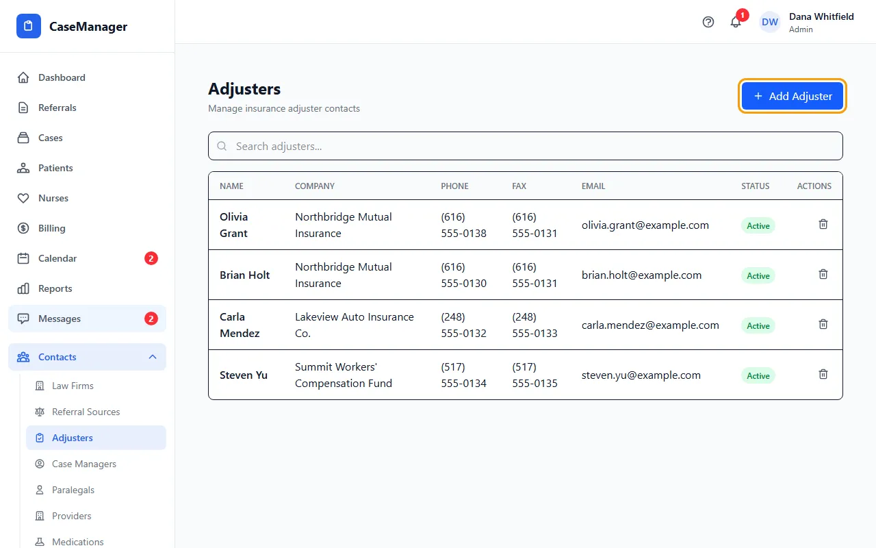 Step 1: Open Contacts in the menu and choose a list, for example Adjusters.