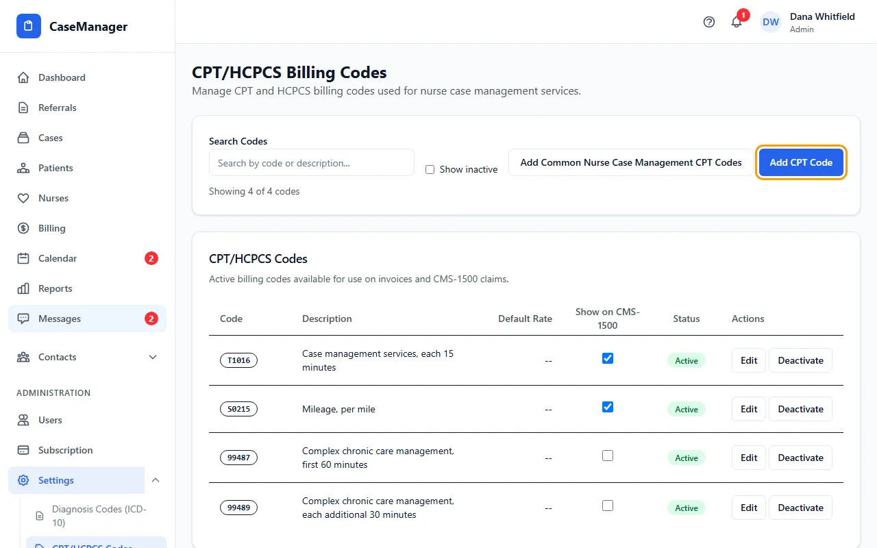 Step 1: Go to Administration > Settings > CPT/HCPCS Codes.