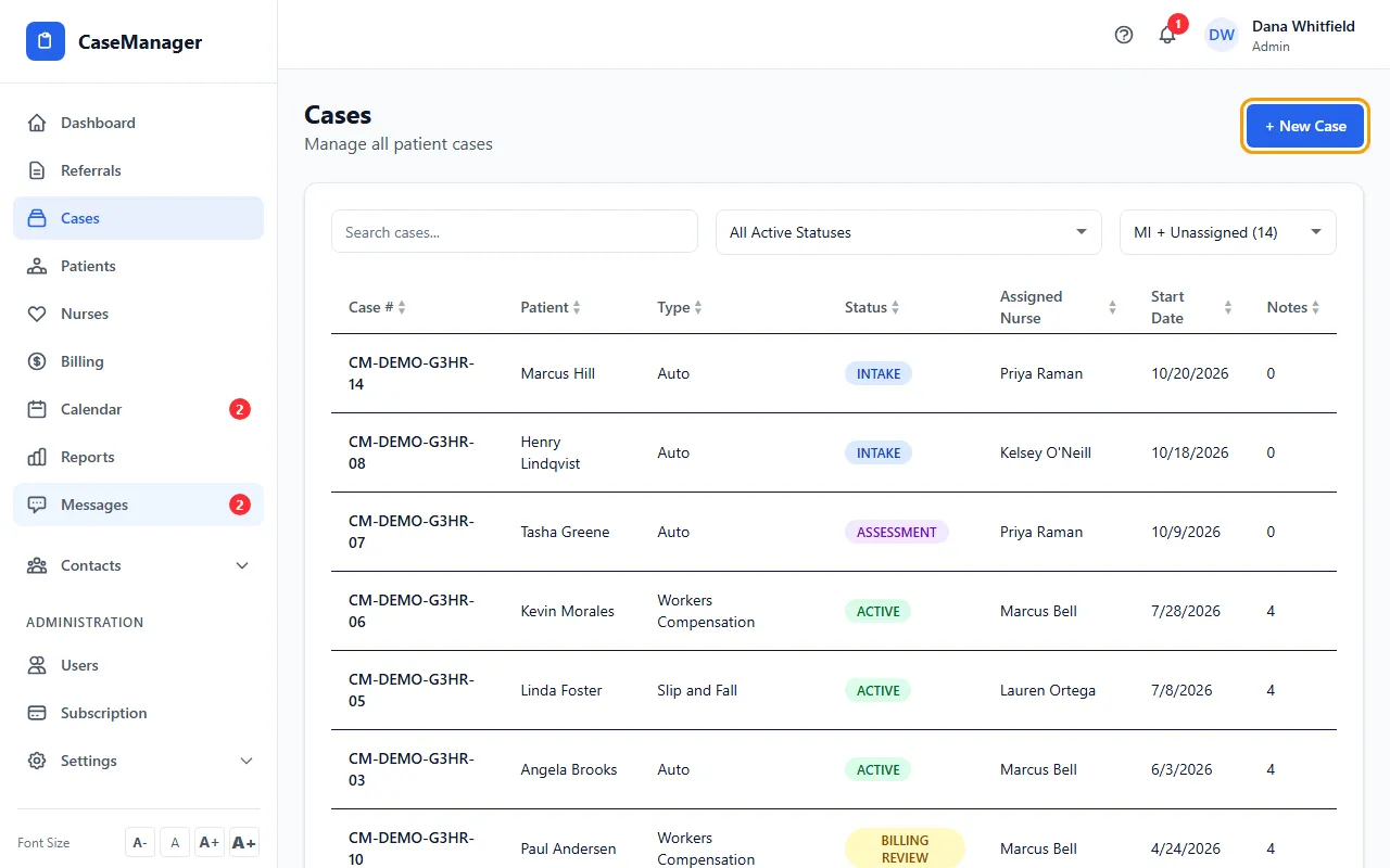 Step 1: Open Cases and click + New Case. The Create New Case form opens at the top.