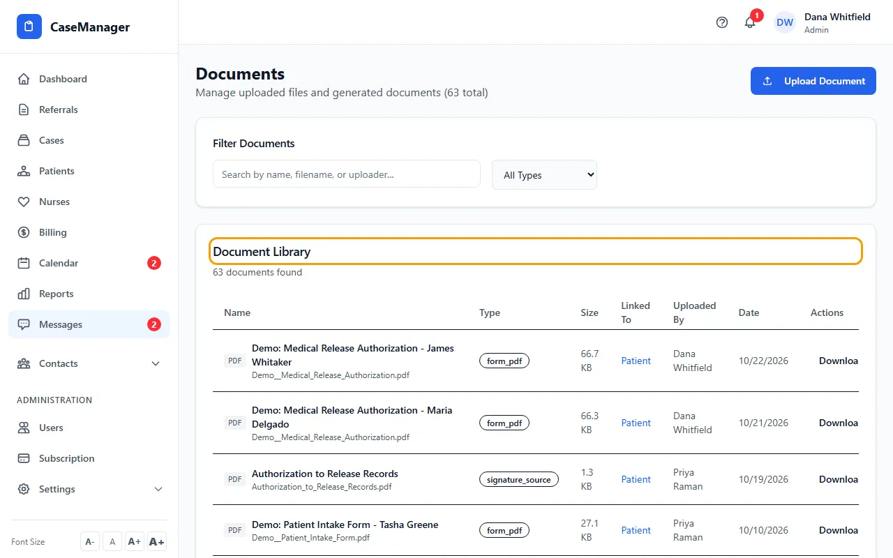 Step 1: Go to casemgmt.io/documents. (This page isn't in the menu on the left; most work with files happens on each patient's Documents tab.)