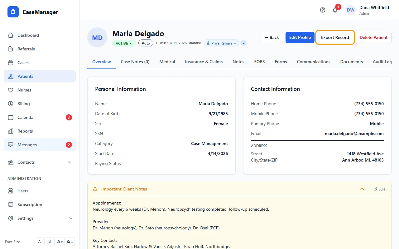 Step 1: Open the patient and click Export Record.