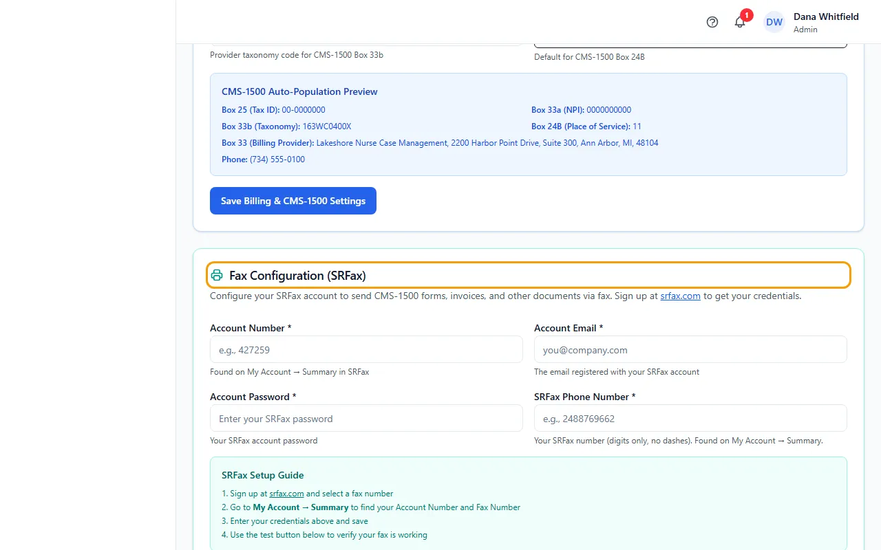 Step 1: Go to Administration > Settings and find Fax Configuration (SRFax).