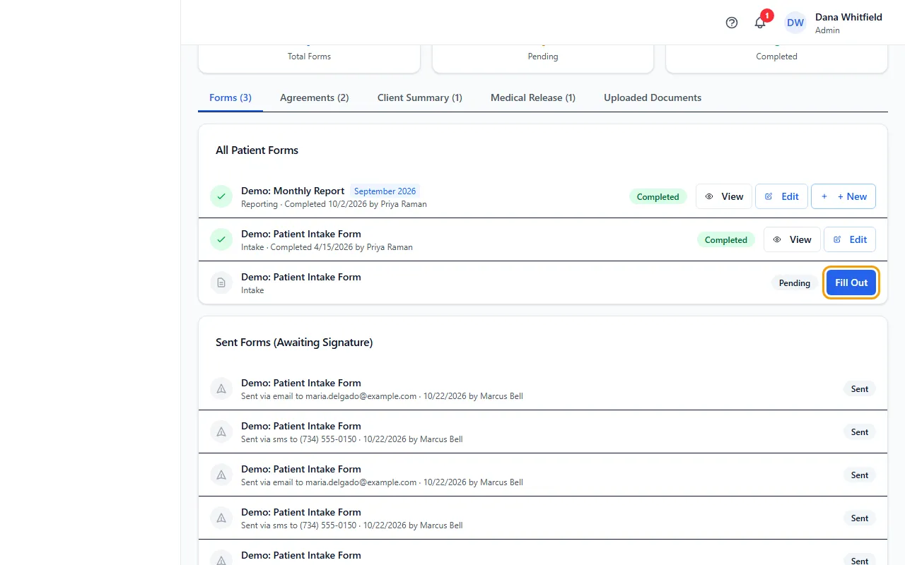 Step 1: Open the patient, click the Forms tab and pick the sub-tab the form is on.