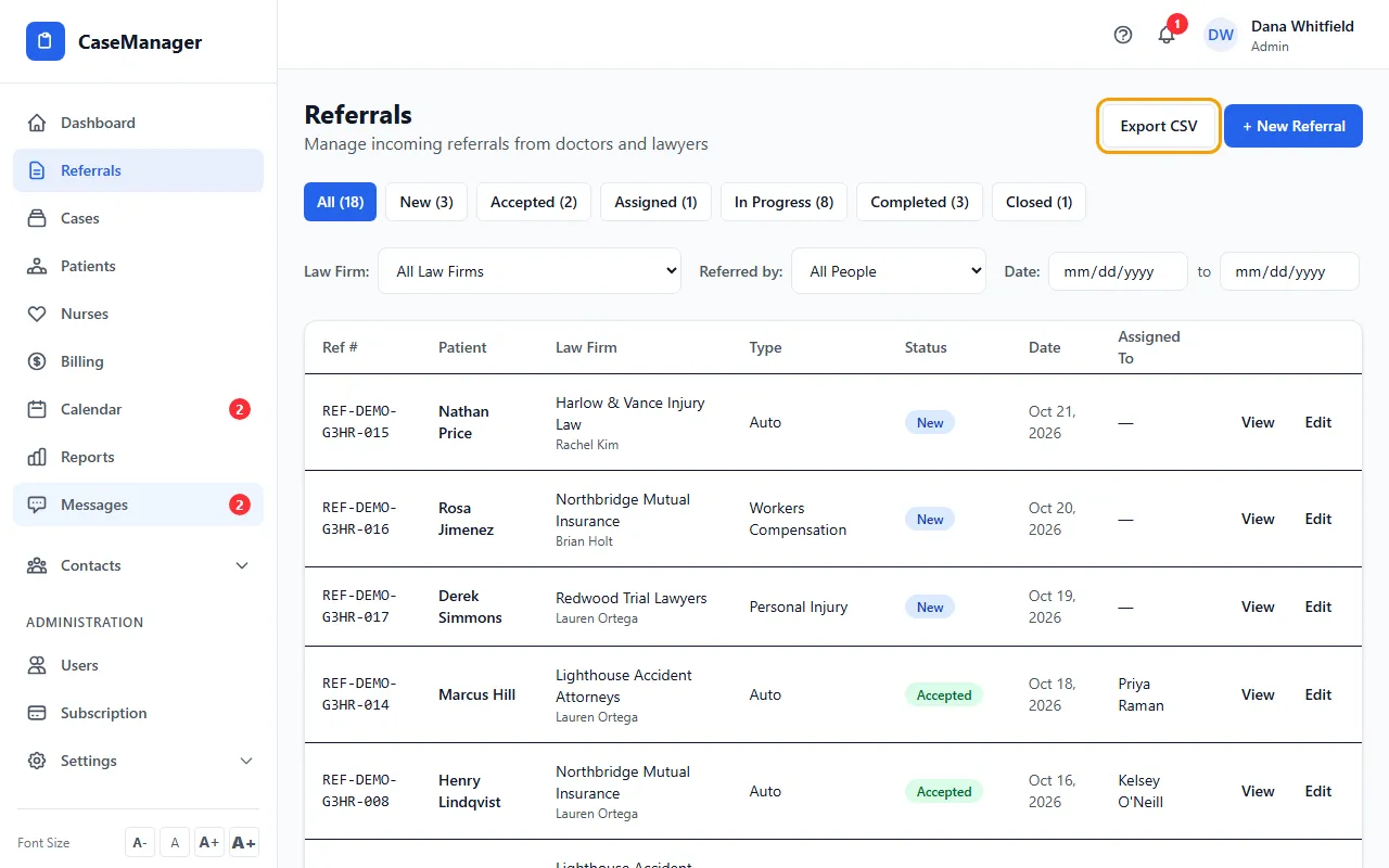 Step 1: Open Referrals. Click a status button (All, New, Accepted and so on) to show only that status. Each shows how many referrals have it.