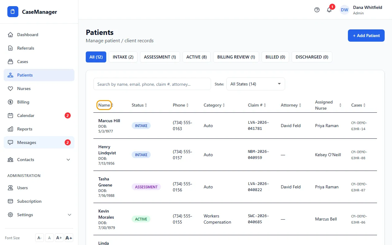 Step 1: Click Patients in the menu. The list shows patients whose work is still going on.