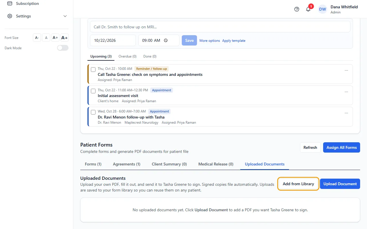 Step 1: Open the patient, click the Forms tab, then Uploaded Documents.