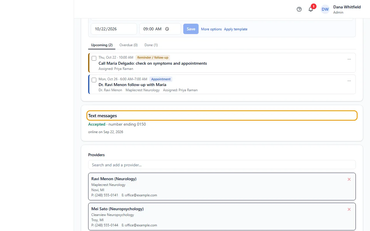 Step 1: Open the patient. On the Overview tab, find the Text messages card.