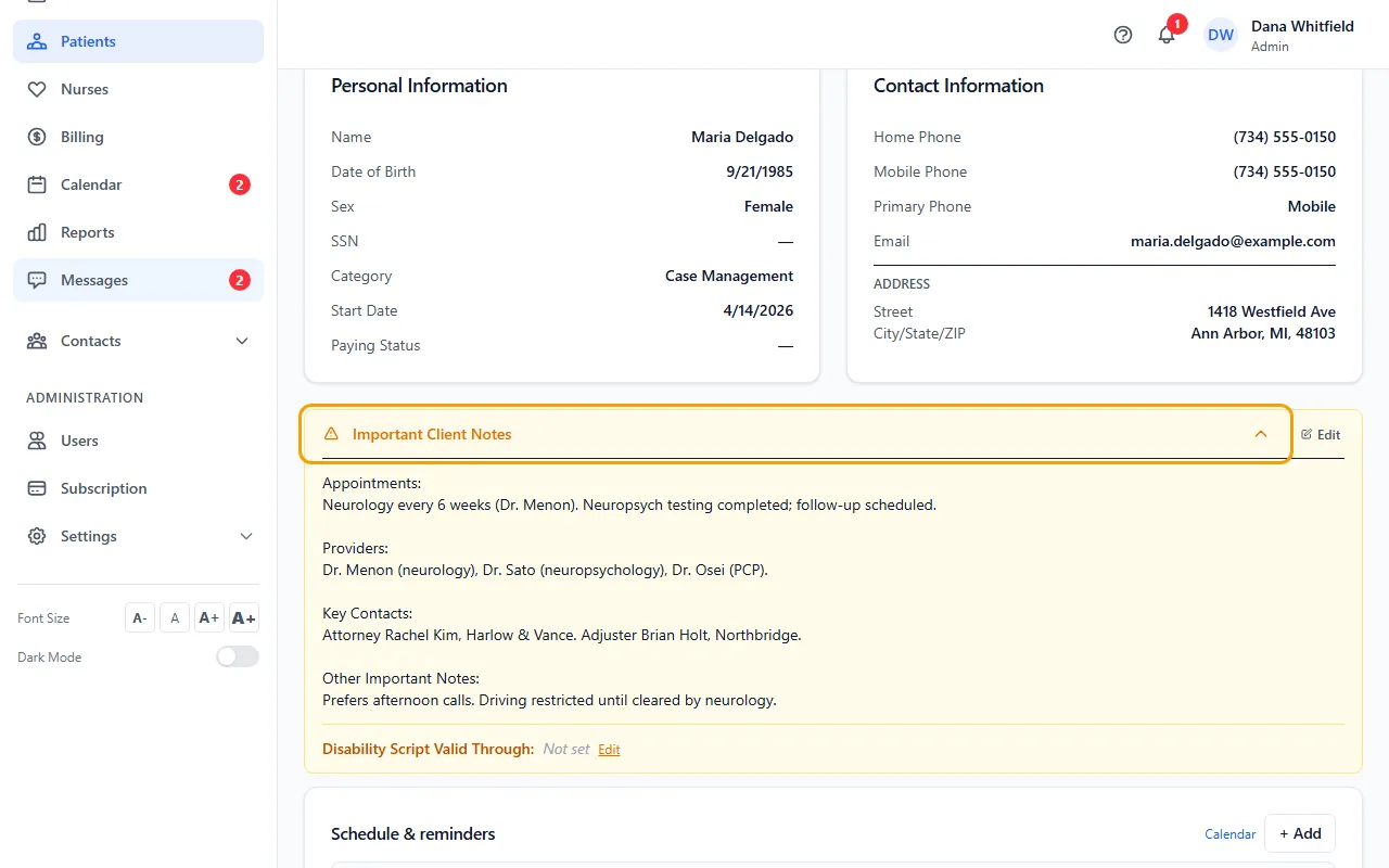 Step 1: Open the patient. Important Client Notes is the amber card on Overview.