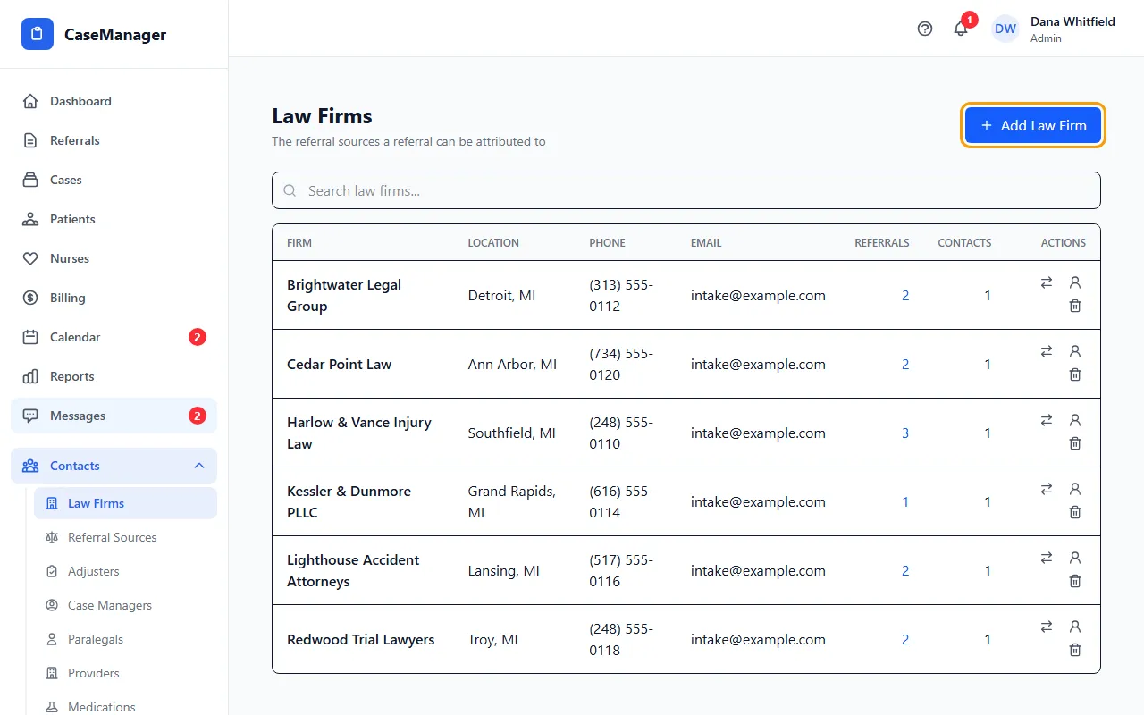 Step 1: Open Contacts > Law Firms.