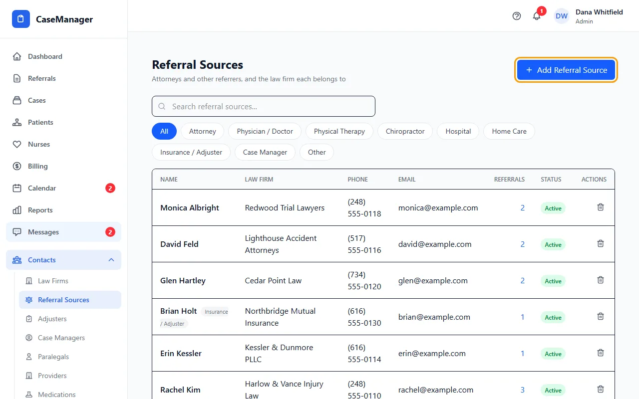 Step 1: Open Contacts > Referral Sources and click Add Referral Source.