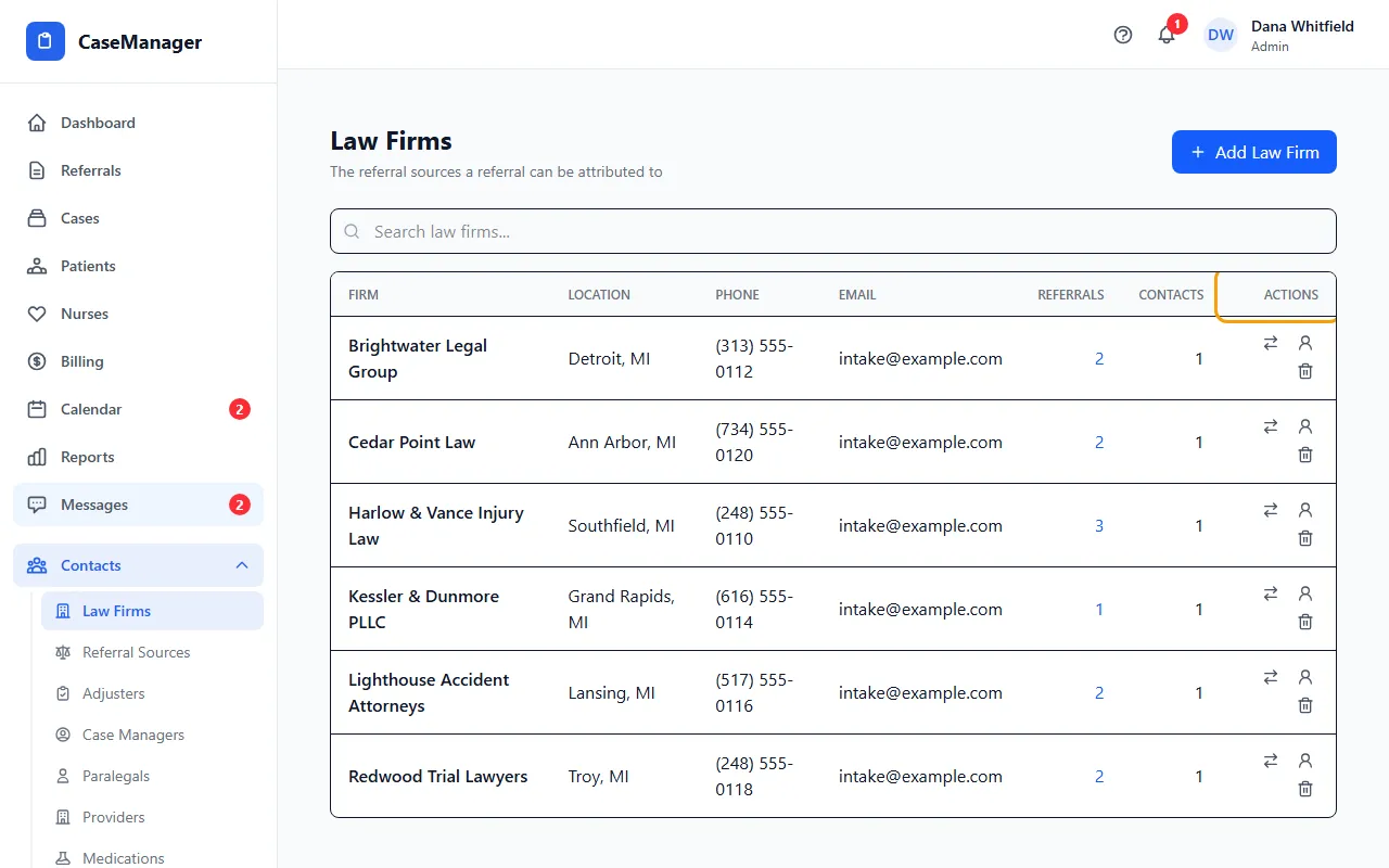 Step 1: Open Contacts > Law Firms. Firms that look alike are grouped together and tagged “possible duplicate”. Click Show only these to see just them.