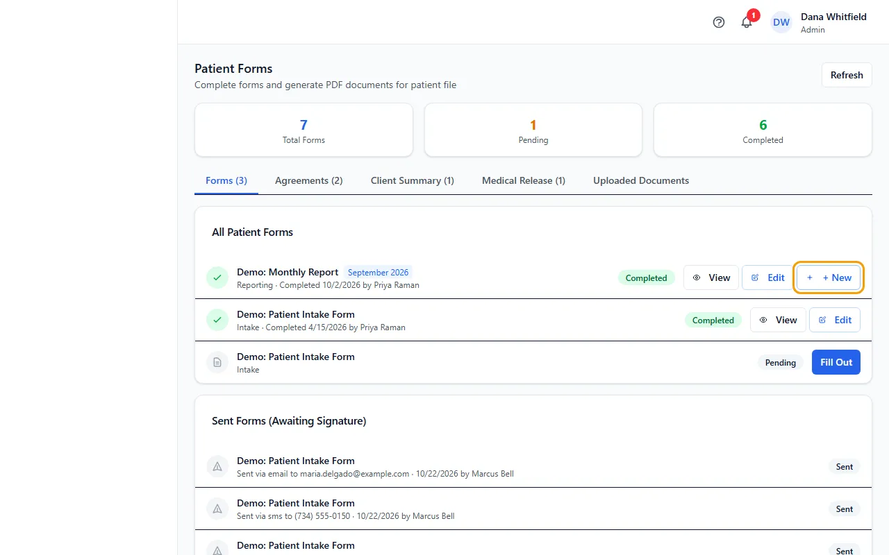 Step 1: Open the patient and click the Forms tab.