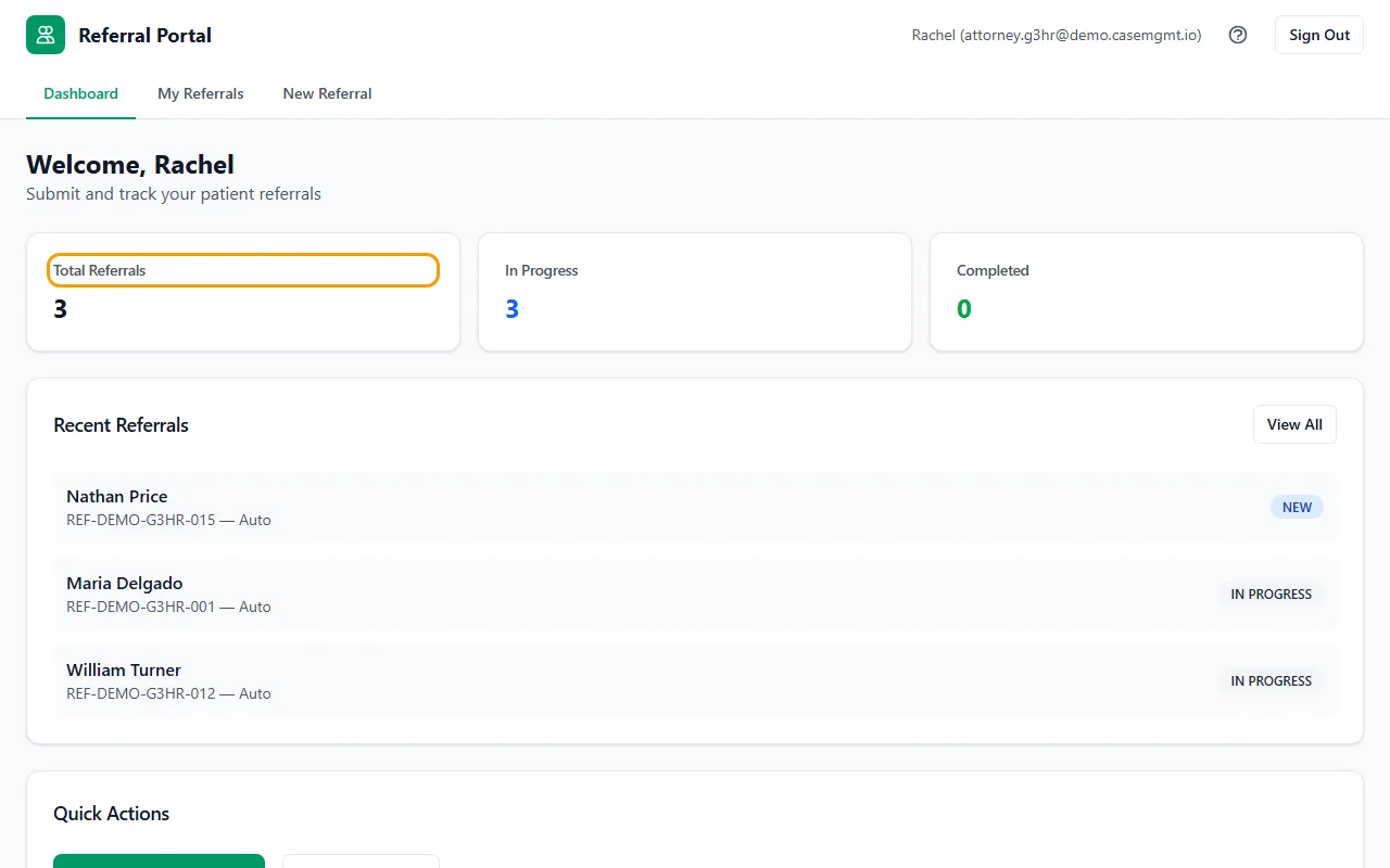 Step 4: You land on your Dashboard. Use the tabs at the top to move between Dashboard, My Referrals and New Referral.
