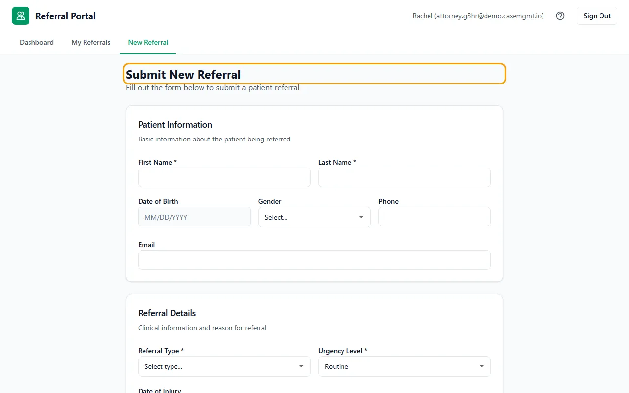 Step 1: Click New Referral at the top (or Submit New Referral on your dashboard).