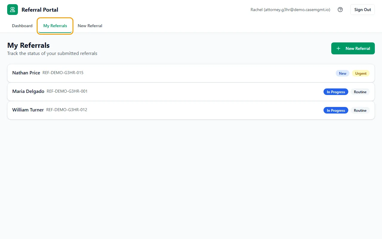 Step 1: Click My Referrals at the top. Each referral shows the patient, the referral number, its status and its urgency.