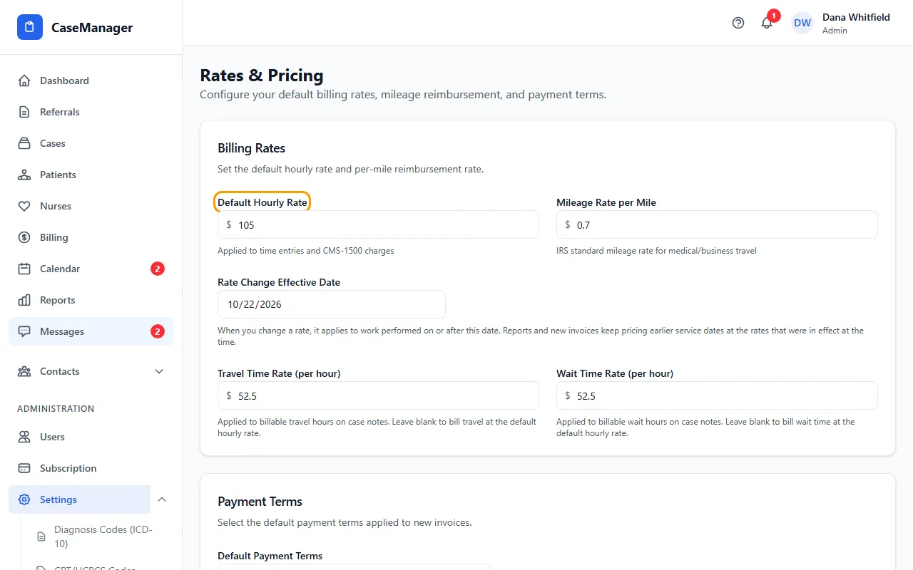 Step 1: Go to Administration > Settings > Rates & Pricing.