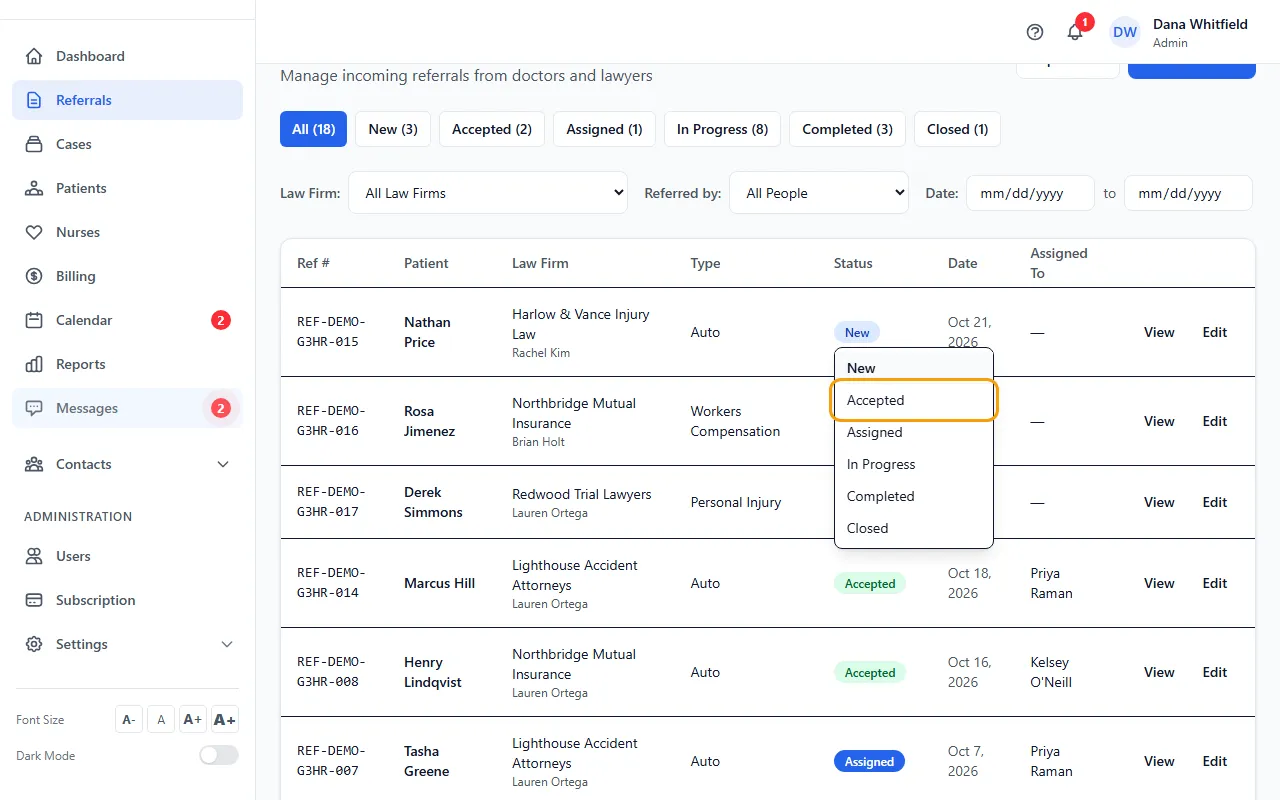 Step 1: Open Referrals and click the status badge on the referral's row.