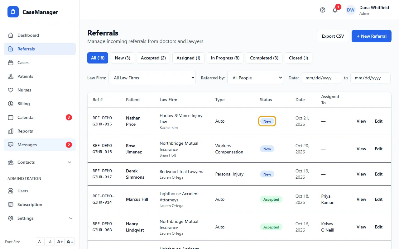 Step 1: Open Referrals. New referrals, including ones sent through the referral portal, show with the status New (the dashboard counts them under New Referrals).