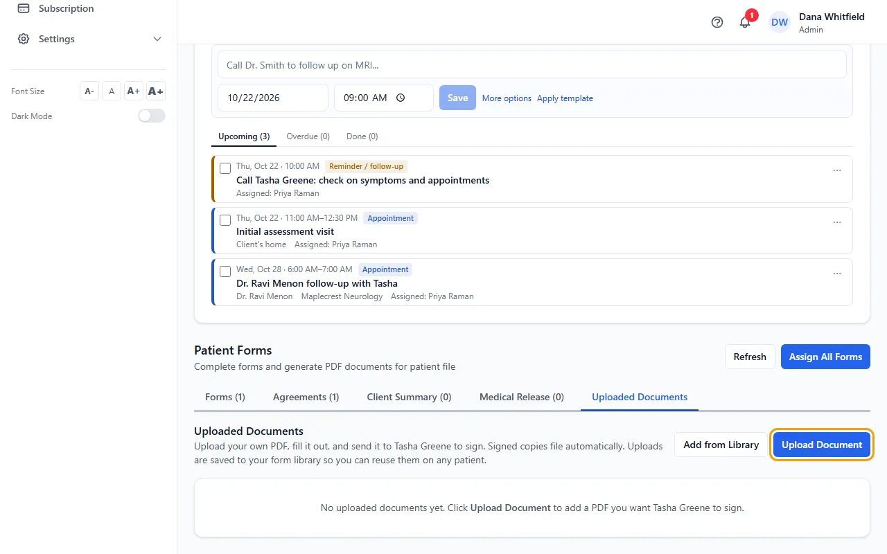 Step 1: Open the patient, click the Forms tab, then Uploaded Documents.