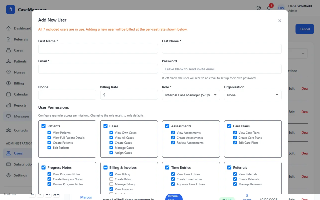 Step 1: In Administration > Users, click Add User. The top of the form says how many more users your plan includes at no extra cost, or that all included users are in use.