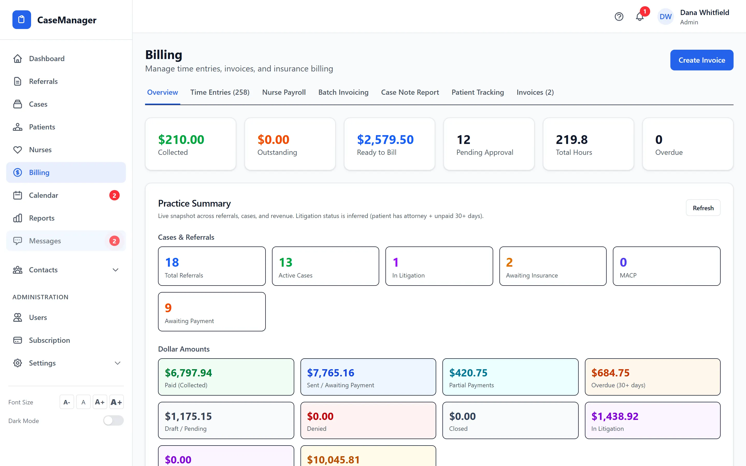 The billing overview with collected, outstanding and ready-to-bill totals