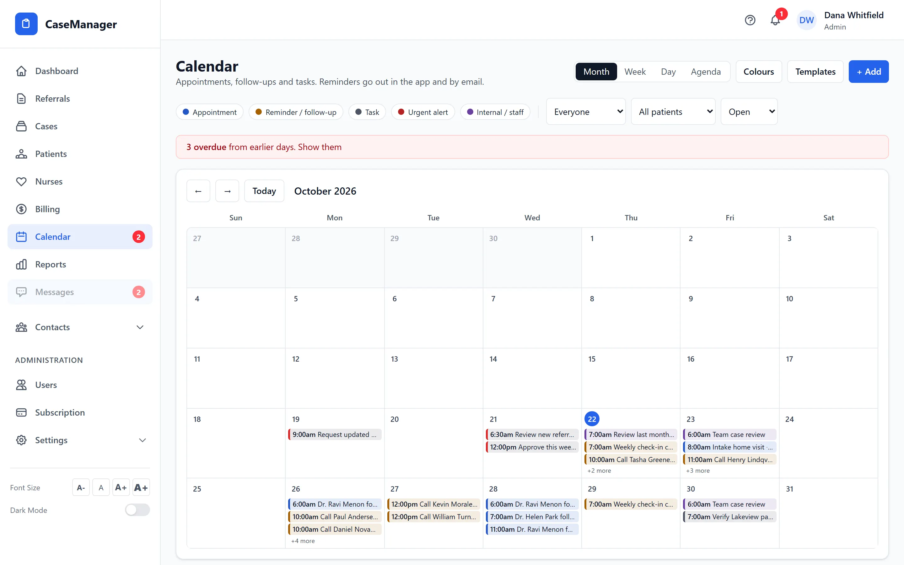 The team calendar with appointments, follow-ups and tasks