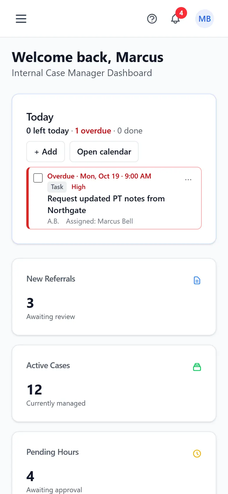 The CaseMgmt dashboard on a phone