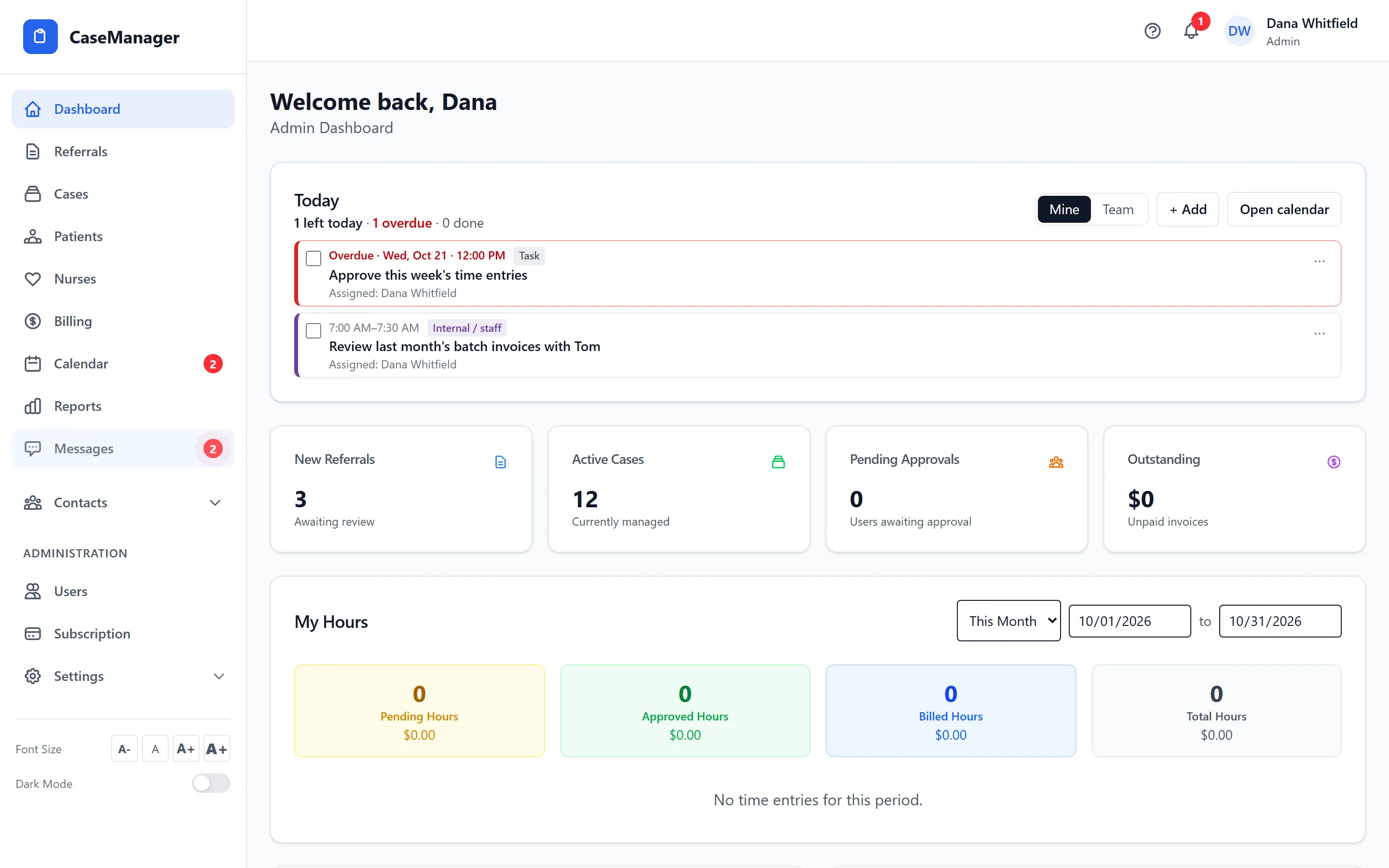 The CaseMgmt dashboard: today's tasks, new referrals, active cases and hours