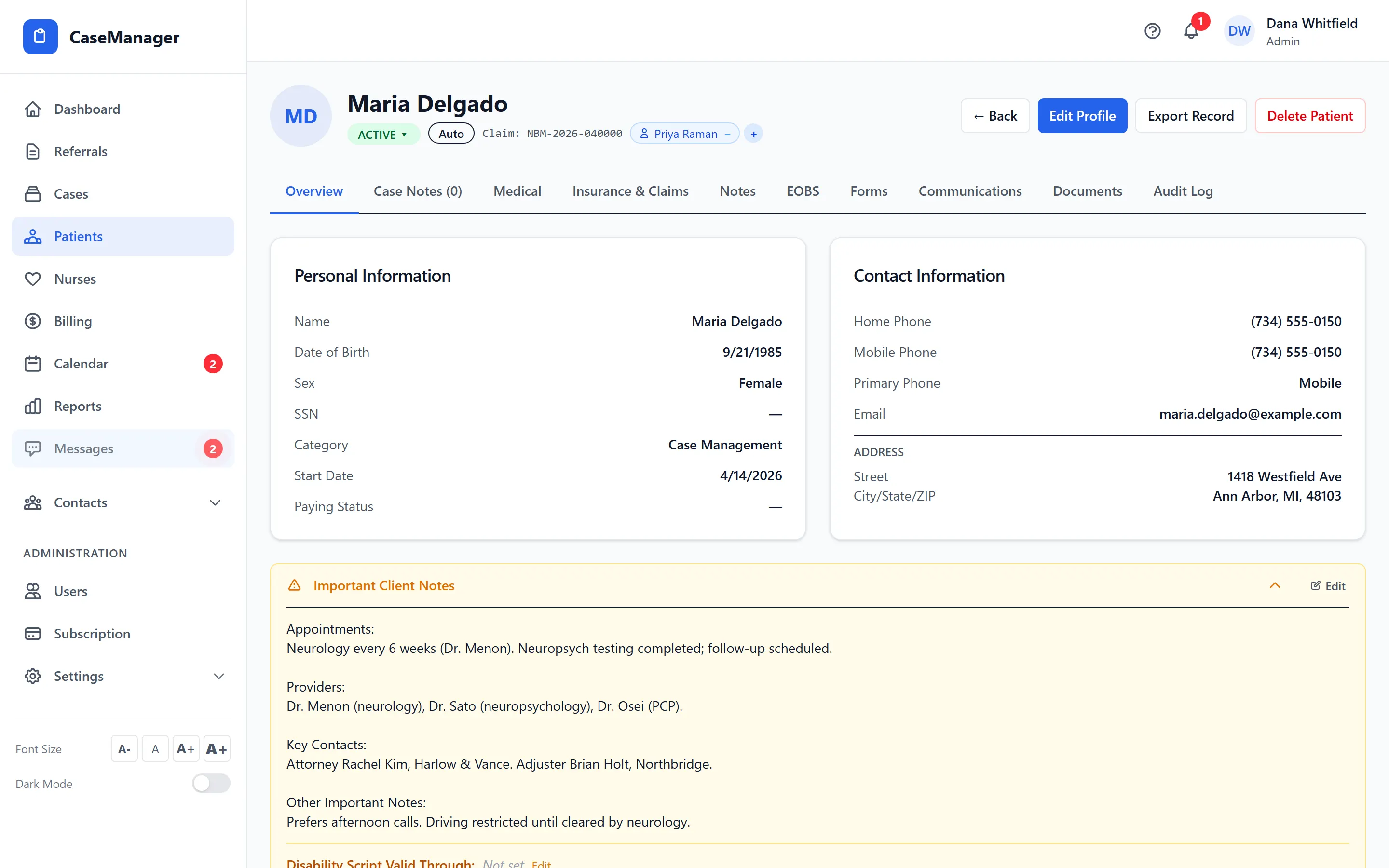 A patient chart in CaseMgmt with insurance, attorney and reminders