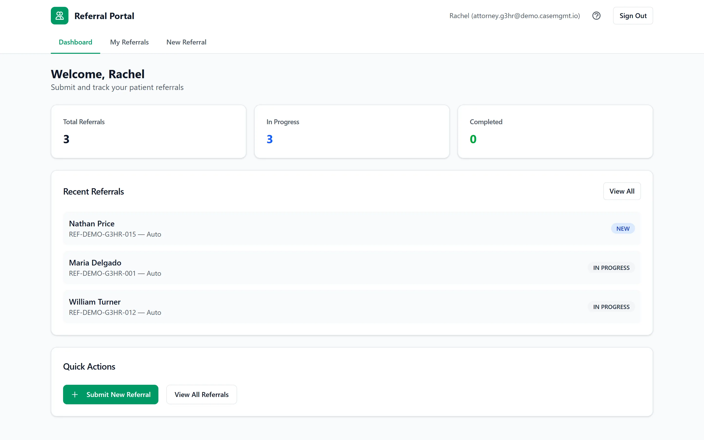 The referral partner portal with recent referrals and their status