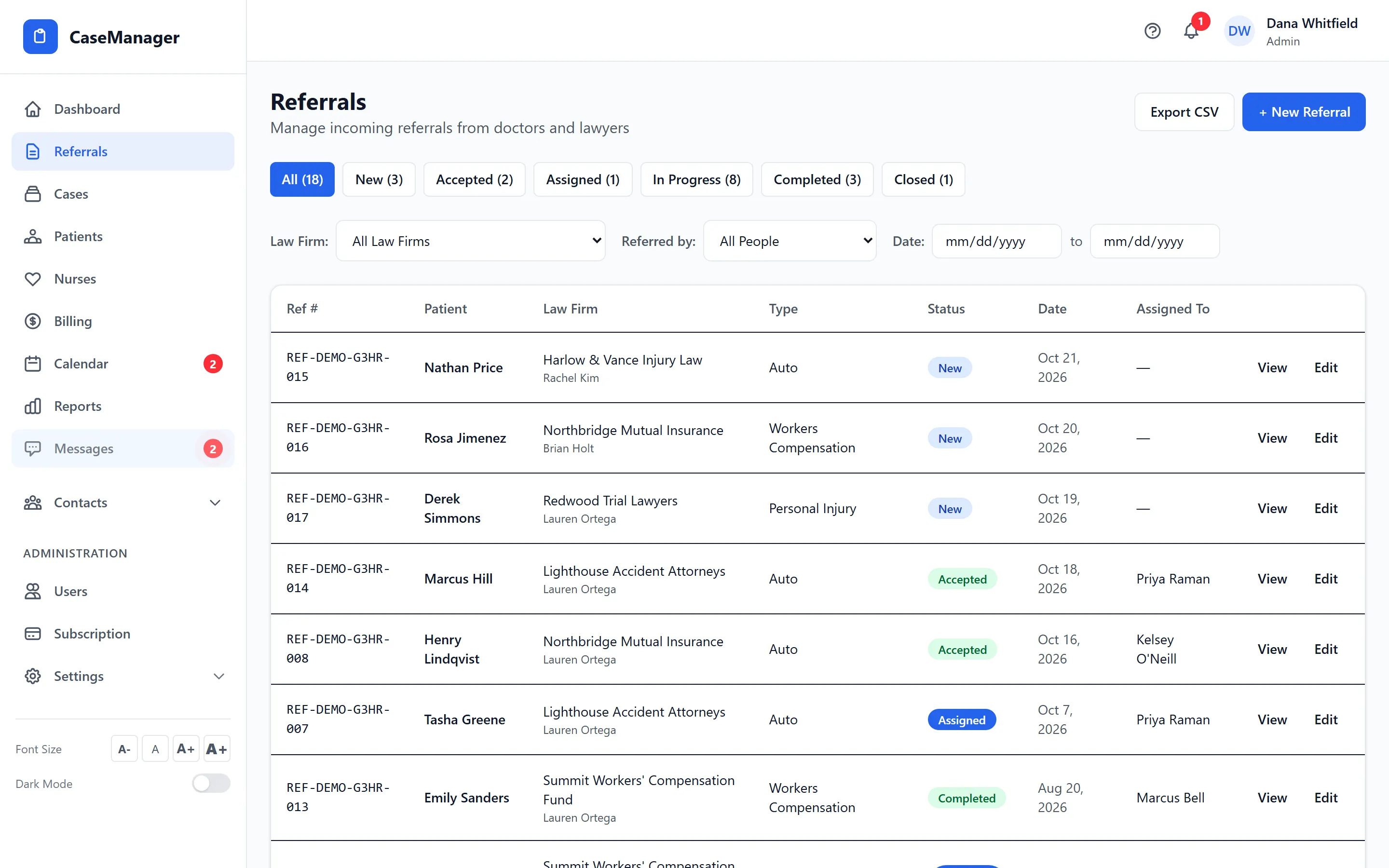 The referrals list with status filters