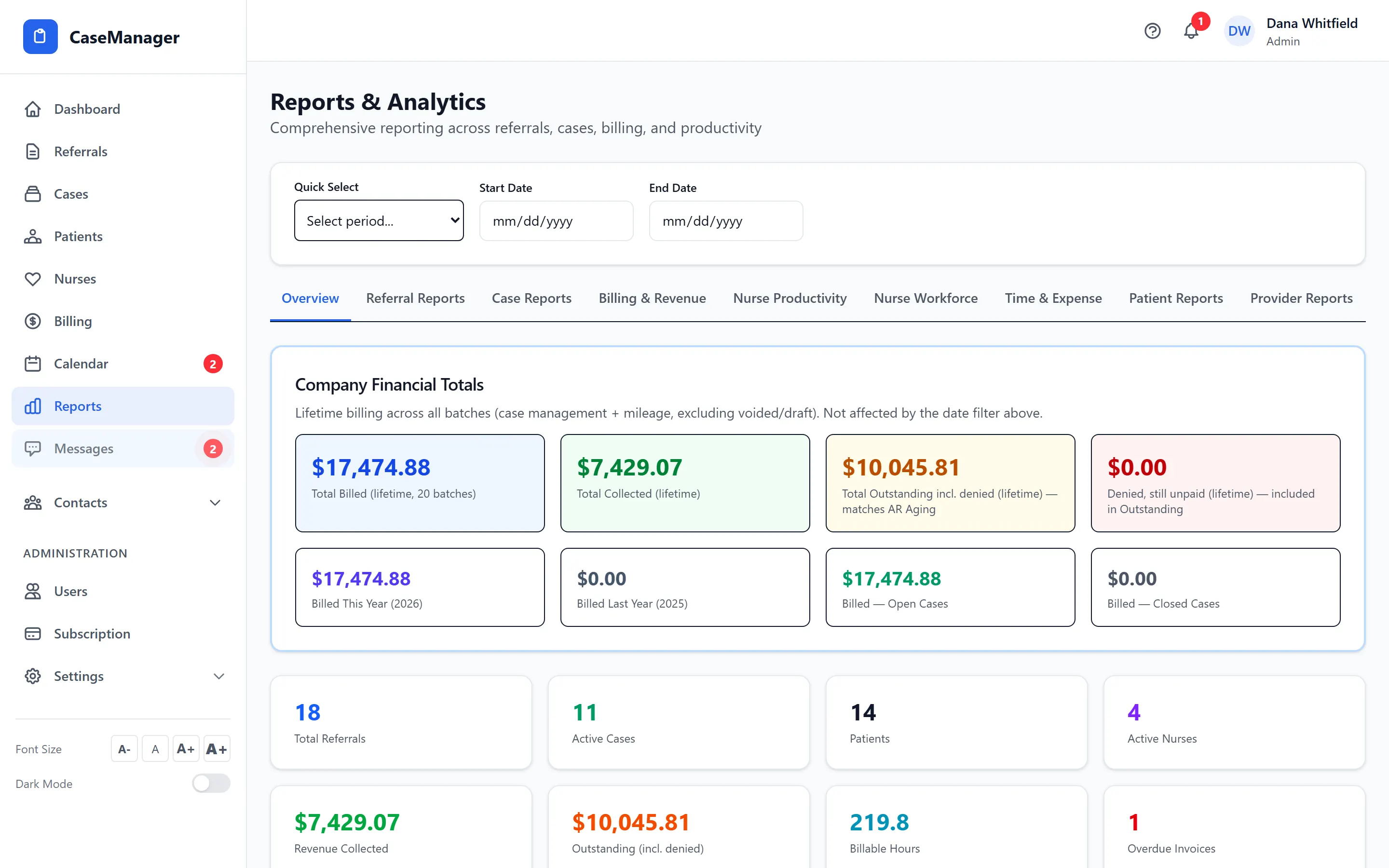Reports and analytics: lifetime billing, collections and outstanding