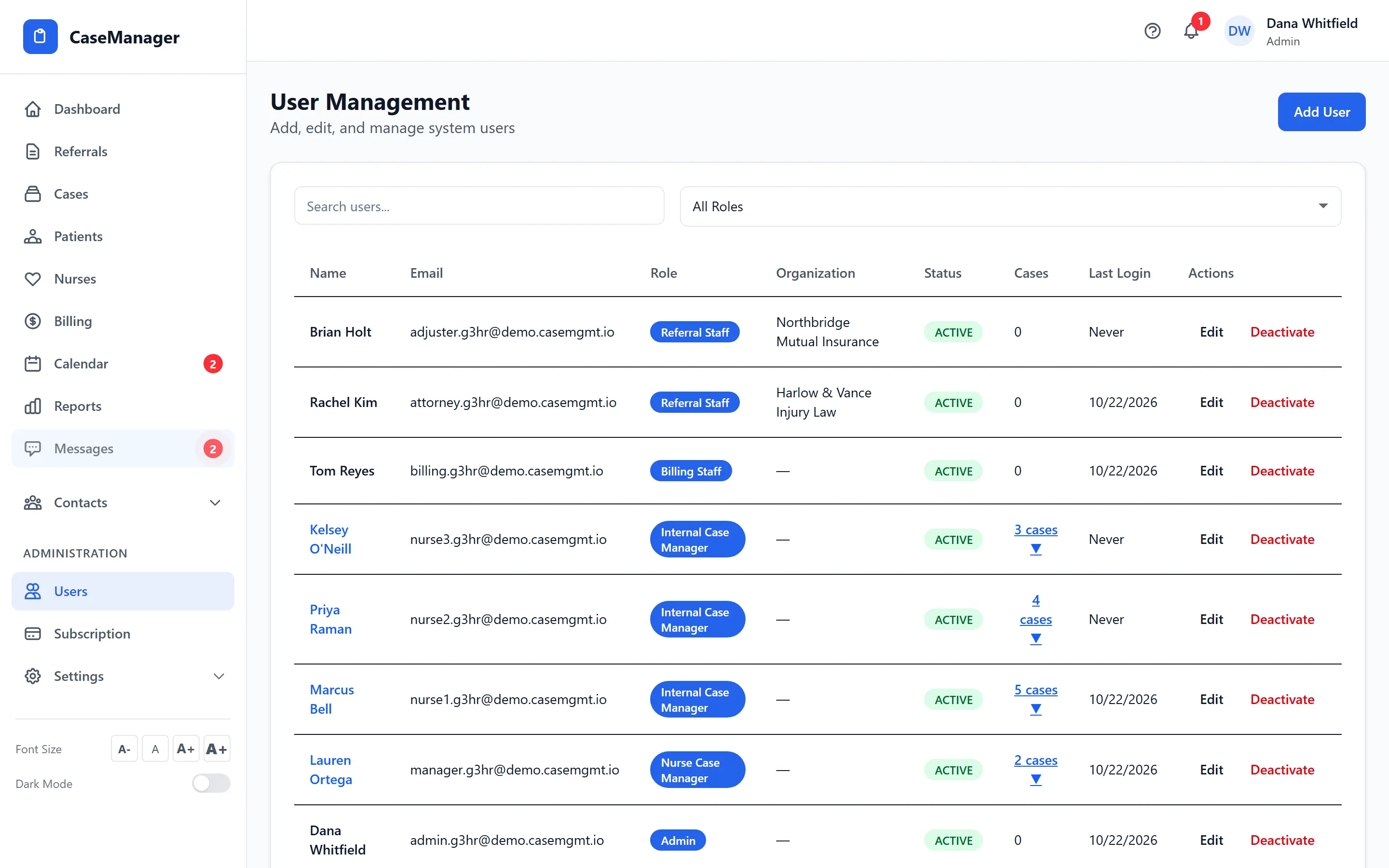 The users page with roles